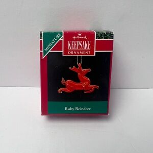 1990 Hallmark Keepsake Miniature Ornament Blown Glass Ruby Reindeer